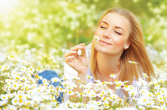 woman laying in field of white flowers