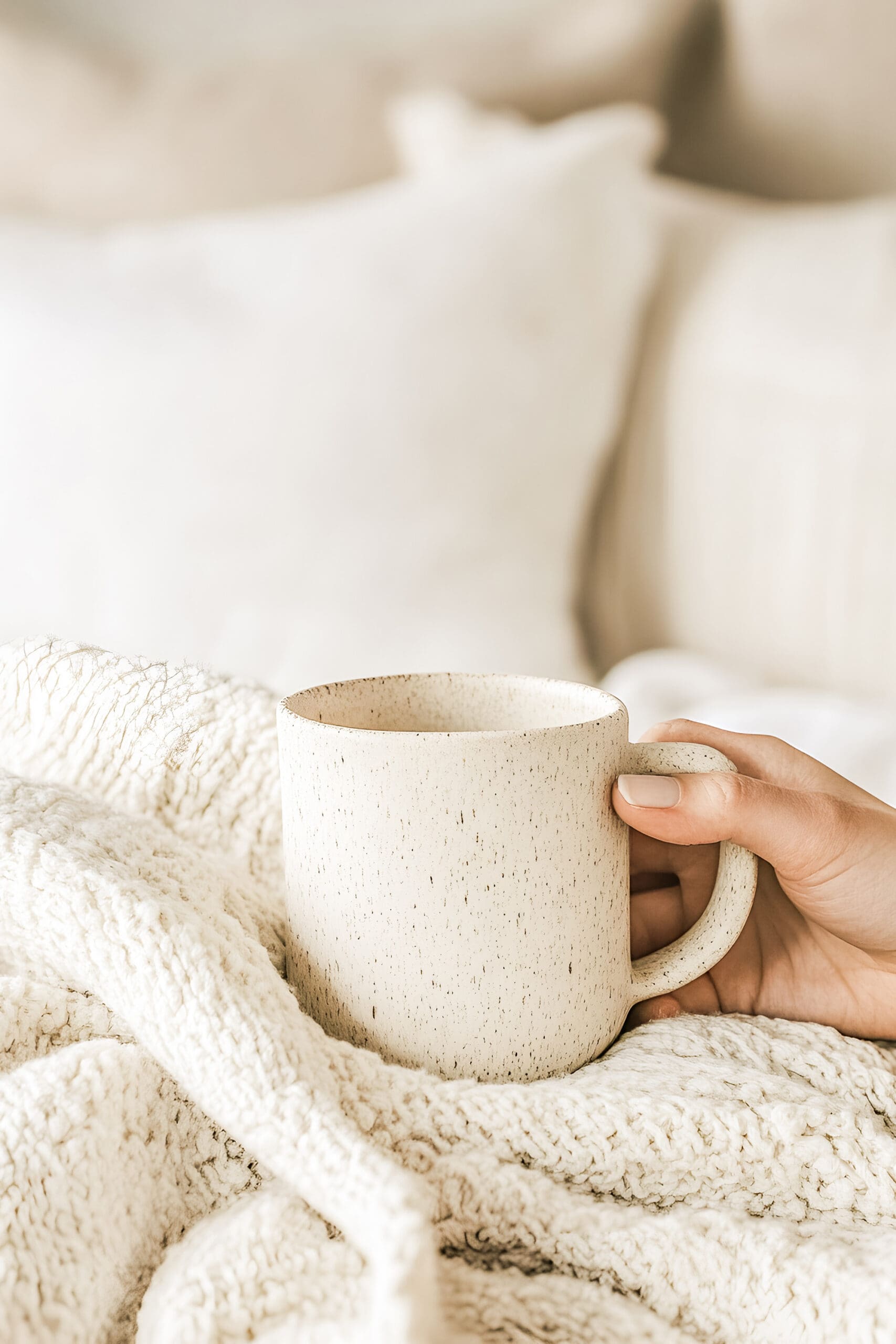 A hand holding a coffee cup with a cozy blanket.